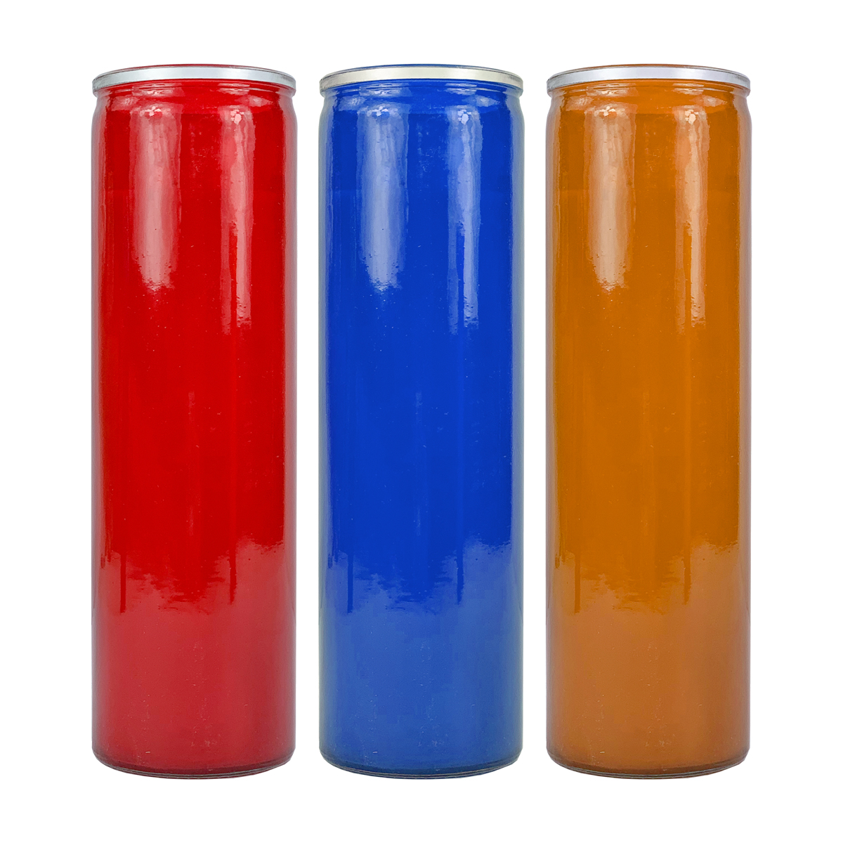 TALL COLORED GLASS CONTAINER CANDLES RED, BLUE, Amber