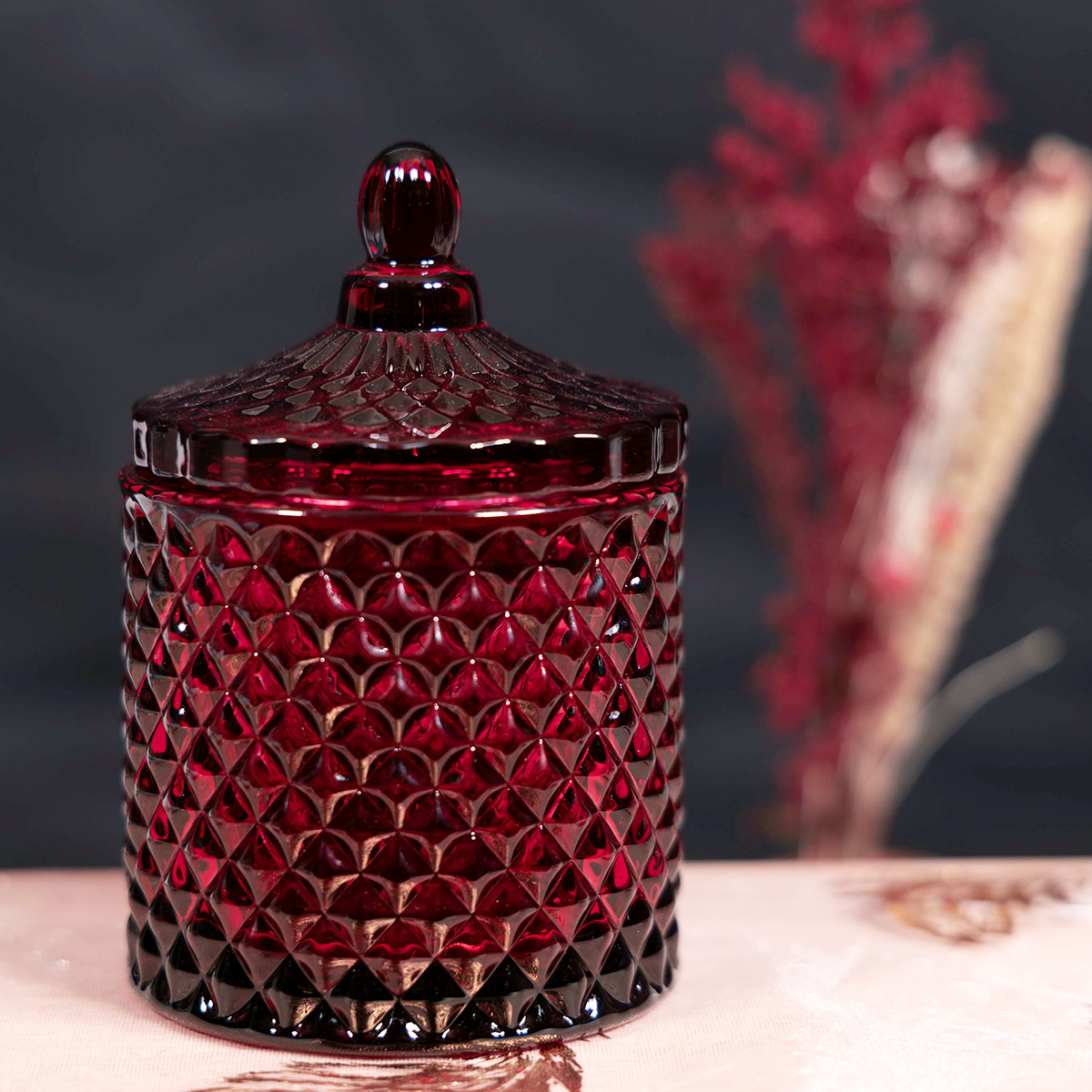 France ruby candle jar with a lid