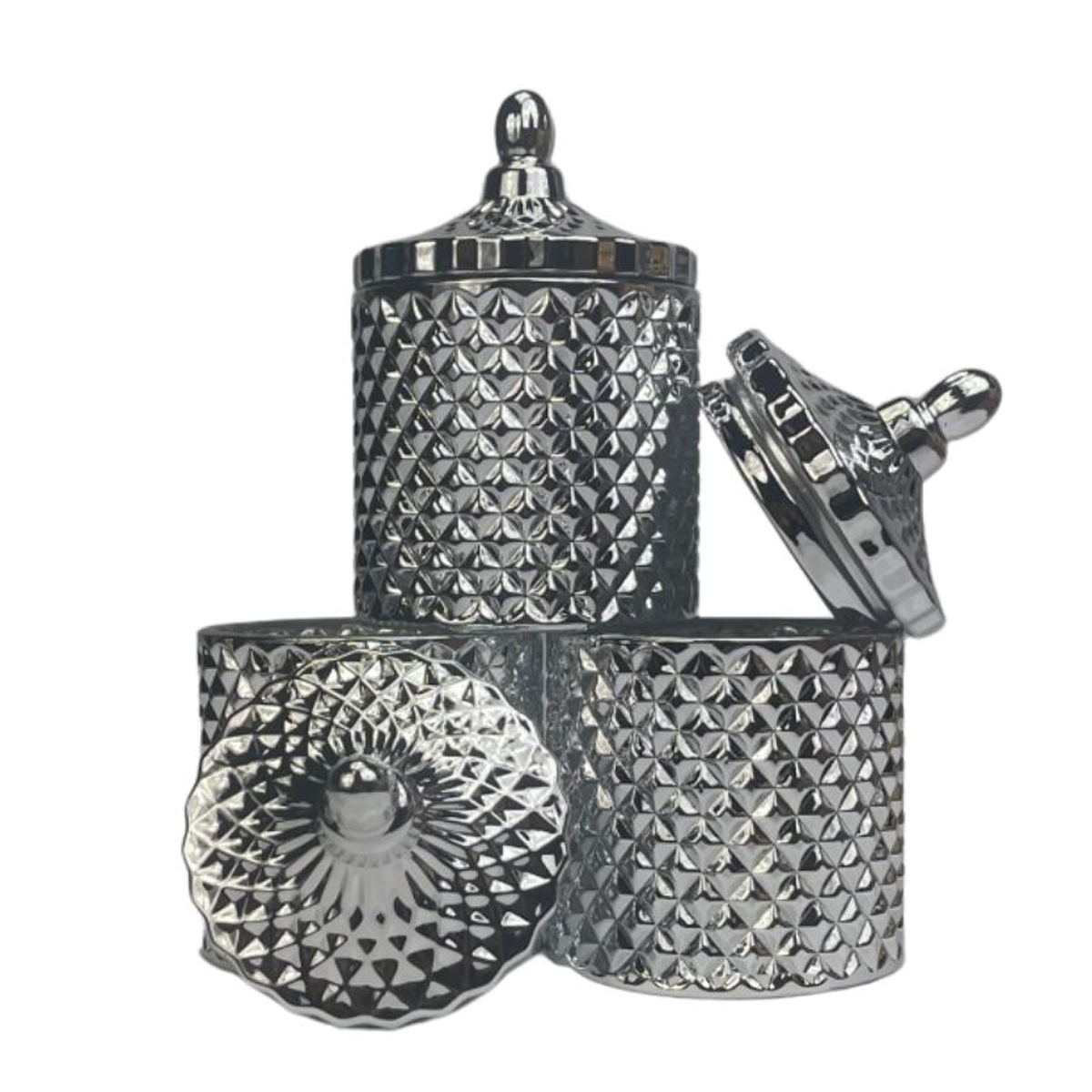metallic silver candle vessels