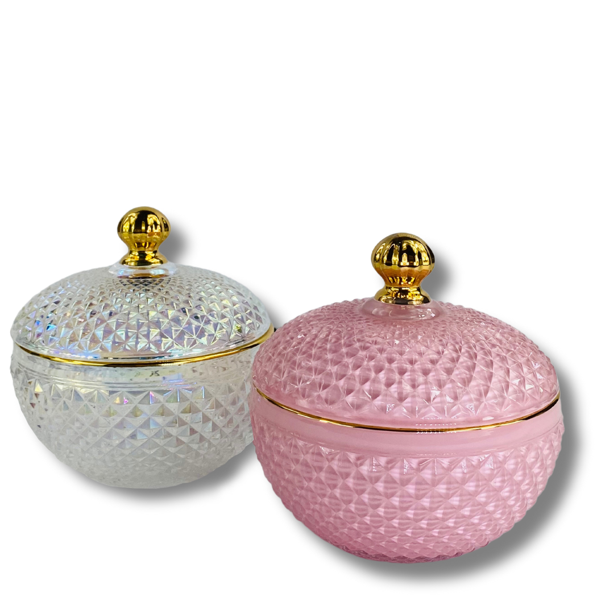 large vanity pink and iridescent candle vessels